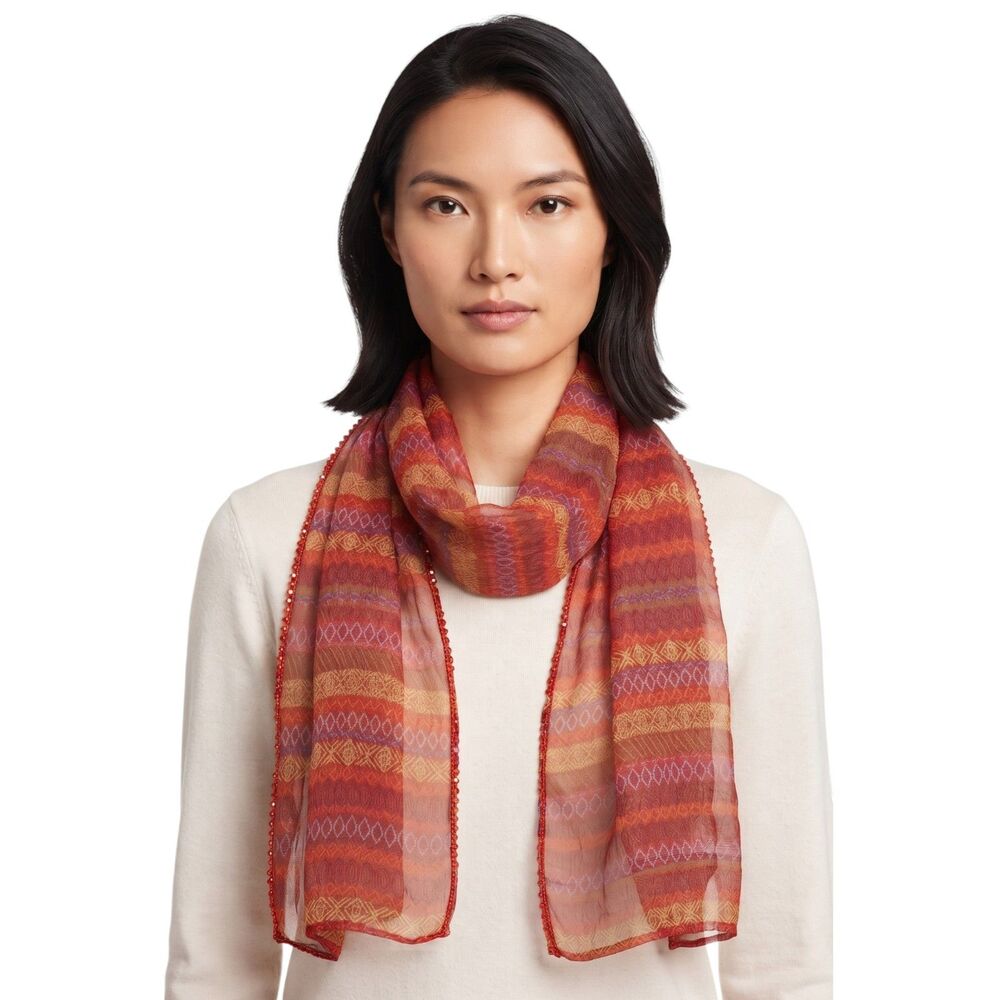 Talbots Geometric Red Orange Beaded Scarf